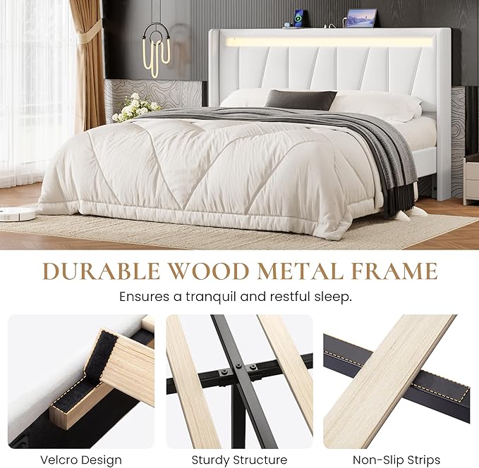 SHA CERLIN Queen Bed Frame with Charging Station and LED Lights, Modern Velvet Platform Bed with Upholstered Geometric Wingback Headboard, No Box Spring Needed, Easy Assembly, White