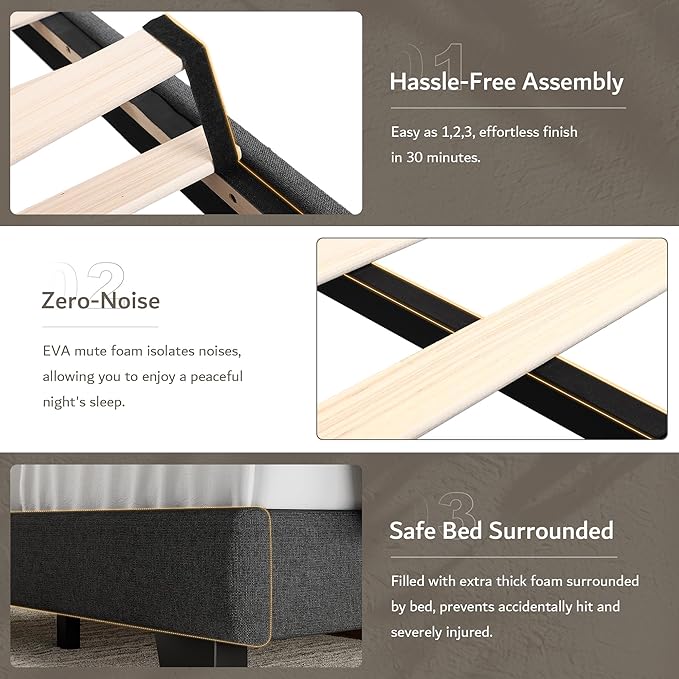 iPormis Full Platform Bed Frame with Fabric Upholstered Headboard & Thickened Legs, Mattress Foundation with Solid Wooden Slats Support, No Box Spring Needed, Noise Free, Dark Grey