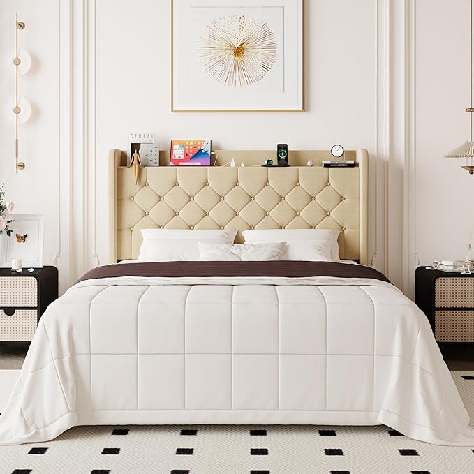Allewie Queen Size Bed Frame, Storage Headboard with Charging Station, Wingback Linen Upholstered, Diamond Stitched Button Tufted, Sturdy Wooden Slats, No Box Spring Needed, Easy Assembly, Beige