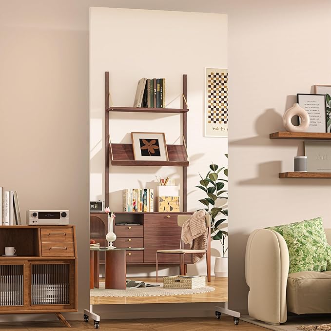 Hasipu Home Gym Mirror 360° Swivel on Wheels, 74.8" x 27.5" Extra Large Full Body Rolling Mirror for Yoga Studio, Bedroom, Dancing Studio, White