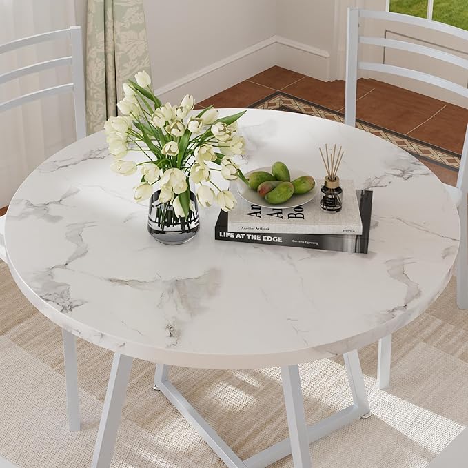 VECELO Round Dining Room Table with Wood Grain Tabletop and Steel Frame, for Kitchen, Living Room, Office, Conference, 2 to 4 Person, Fuax Marbled & White