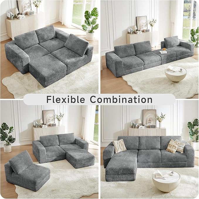 ONBRILL 110" Modular Sectional Sofa, L Shaped Couch 4 Seater with Sleeper Chaise, Sectional Couch with Deep Seat,Upholstered Corduroy Cloud Couches for Living Room,Bedroom,No Assembly Required,Grey