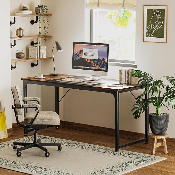 Huuger Computer Desk, 63 Inch Office Desk, Gaming Desk with Storage, Writing Desk Work Desk for Home Office, Study, Modern Simple Desk, Large Legroom, Metal Frame, Rustic Brown and Black