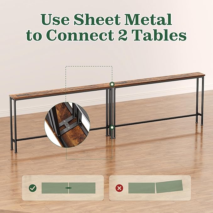 SUPERJARE 110.2 Inch Sofa Table with Power Outlets and USB-C Ports, 5.9 Inch Narrow Console Tables, Entryway Hallway Couch Tables with Storage, Behind Sofa, Small Spaces, Living Room, Rusitc Brown
