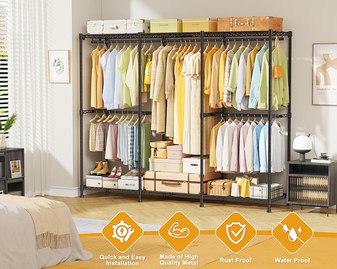 E14 Heavy Duty Clothes Rack，Freestanding Clothing Racks for Hanging Clothes，Adjustable Closet Organizers and Storage，Metal Garment Rack with Shelves 69" W x16 D x77 H，Max Load 960LBS，Black