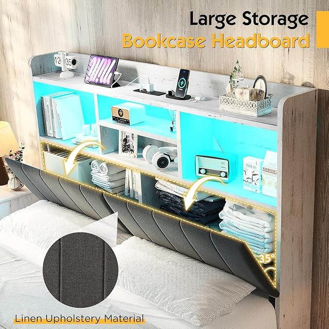 Queen LED Bed Frame with Bookcase Headboard and 4 Drawers,Farmhouse Storage Bed with Charging Station & Linen Upholstered, No Box Spring Needed, Distressed White