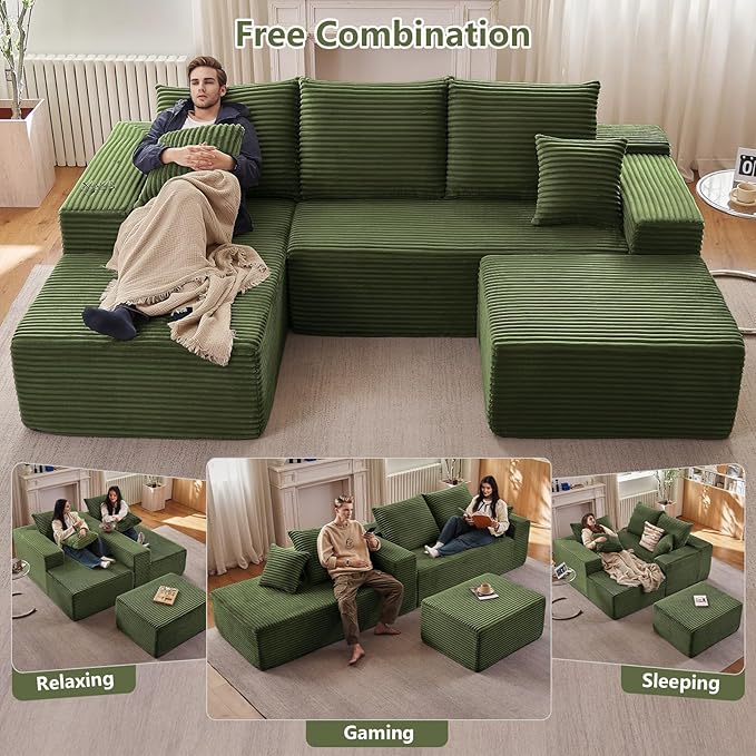 107" L-Shape Sofa with Ottoman, Modern Modular Sectional Comfy U-Shape Cloud Couch, Deep Seat, Upholstered Corduroy Sleeper Chaise Longue for Living Room Bedroom, No Assembly Required, Green