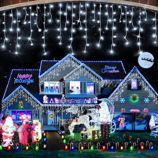 Hezbjiti Christmas Lights Decorations Outdoor, 800 LED 65.6 FT 8 Modes 150 Drops Fairy String Curtain Lights for Christmas Decor Eaves Window Party Yard Garden Indoor (Cold White)
