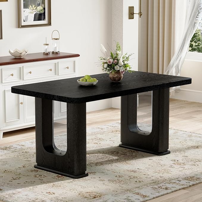 Dining Room Table for 6 - Black Faux Marble Dining Table with 1.7-Inch Thick Seamless Tabletop and Dual Pedestal Base,64.5'' Mid Century Modern Dining Table Ideal for Kitchen,Home Office