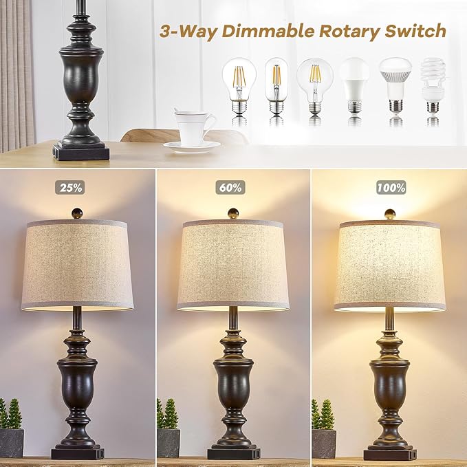 27.5" Vintage Farmhouse Table Lamps Set of 2 Bedside Lamp, 3 Way Dimmable Bedroom Lamps with 2 USB Ports +AC Outlet Nightstand Lamp Rustic Lamp (Rotary-Antique Black)