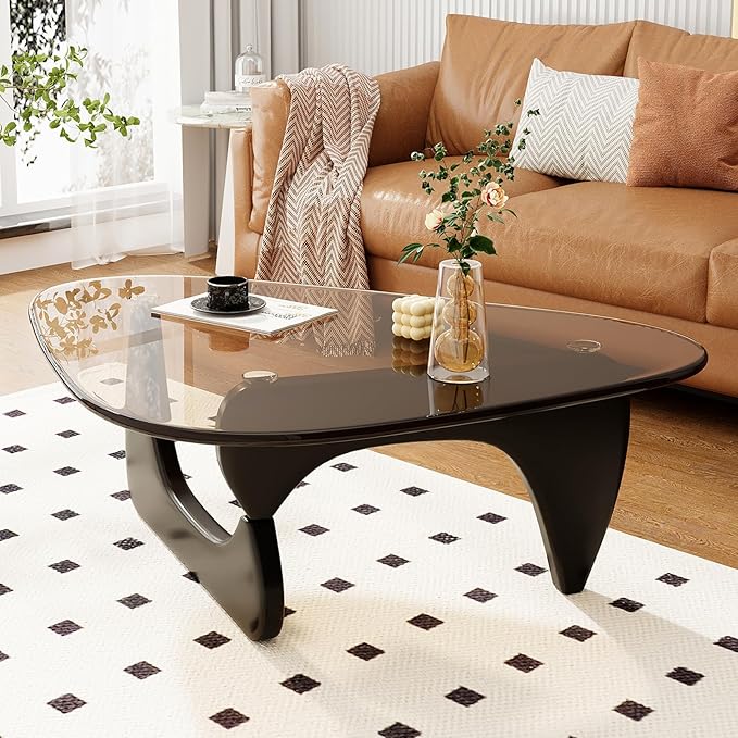 Coffee Table for Living Room Mid Century Modern Center Table with Glass Top and Wood, Brown/Black