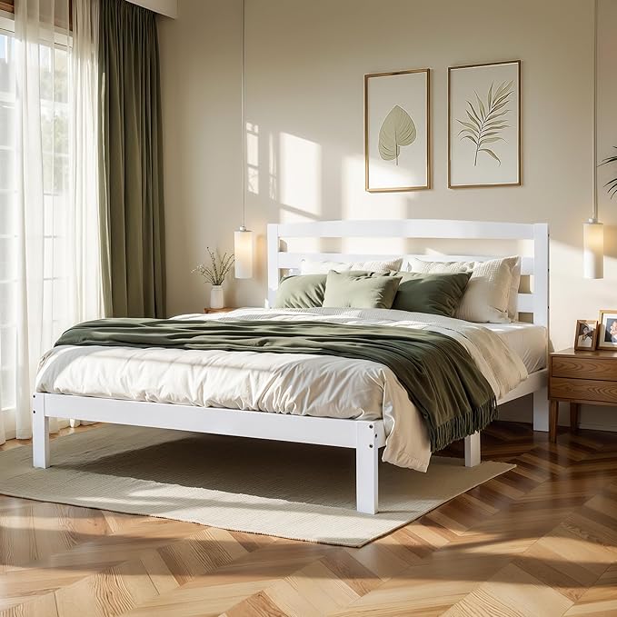 Hokway Wood King Bed Frame and Headboard- No Wobble,Noise-Free,Easy Assembly with Precise Holes,12 in Reinforced Center Legs,No Box Spring Needed,White