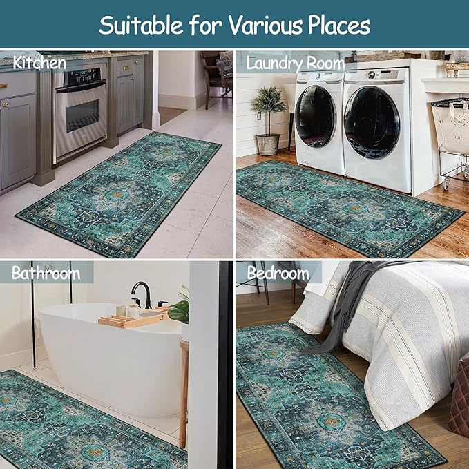 Moynesa Ultra-Thin Washable Teal Non Slip Bathroom Rug - 2x6 Laundry Room Mat, Machine Washable Non-Slip Pet Friendly Carpet Runner for Camper RV Foyer Kitchen Hallway