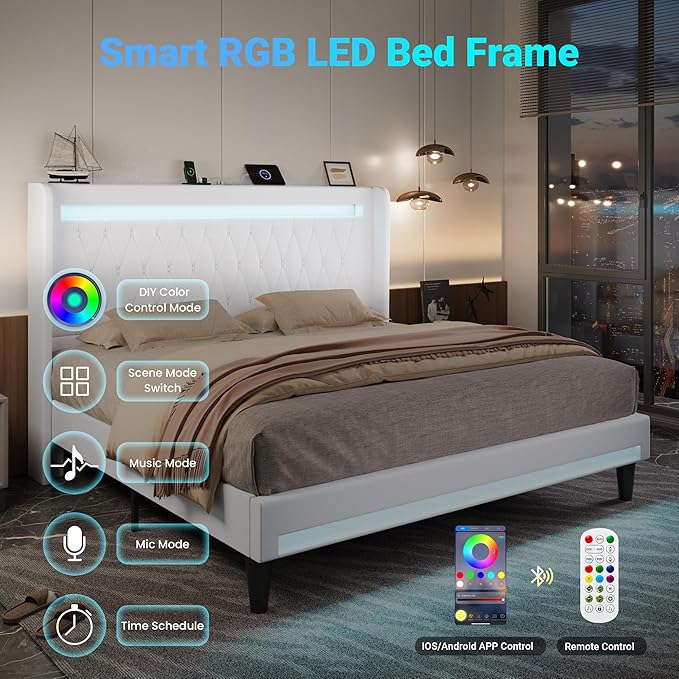 Allewie Upholstered King Size Platform Bed Frame with LED Light and Charging Station, Button Tufted High Headboard, Wingback Design, Noise Free, Easy Assembly, No Box Spring Needed, White
