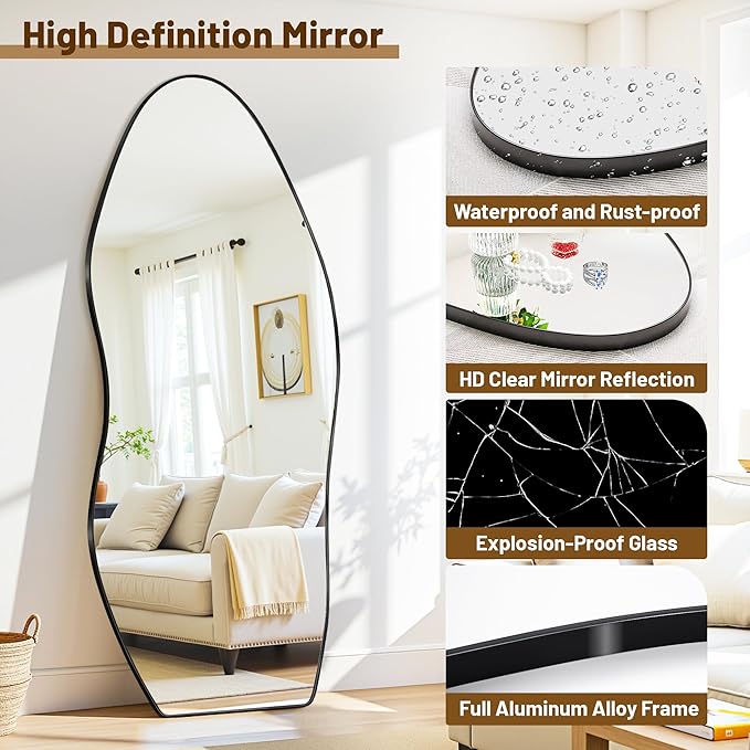 Antok Full Length Mirror, 68"x26" Floor Mirror with Stand, Standing Hanging Leaning Irregular Mirrors for Bedroom Living Room Entryway, Wavy Shaped, Black