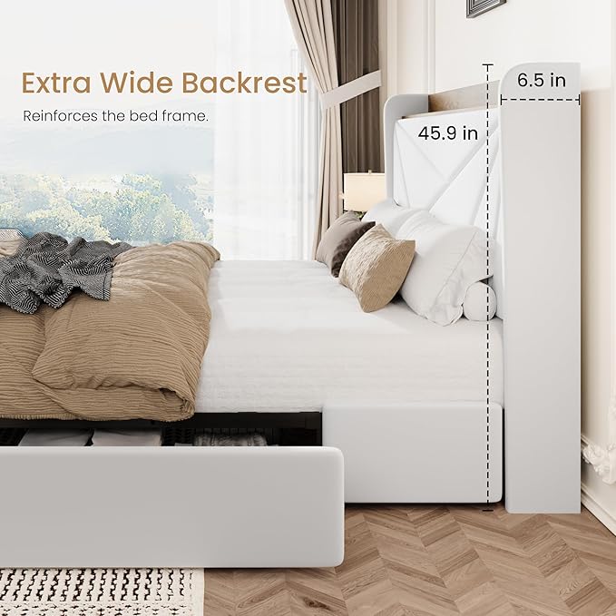 SHA CERLIN Queen Bed Frame with 3 Drawers, USB & Type-C Charging Ports, Velvet Upholstered Platform Bed with Modern Geometric Wingback Storage Headboard, No Box Spring Needed, Easy Assembly, White