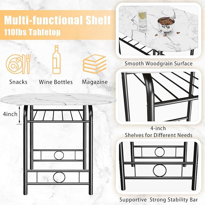 JUMMICO 3-Piece Wooden Round Table & Chair Set, Space Saving Kitchen Breakfast Nook Wood Grain Tabletop with Metal Frame and Built-in Wine Rack for Kitchen, Dining Room (White/Black)
