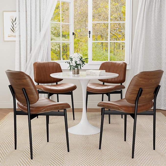 Dining Chairs Set of 6, Mid-Century Modern Upholstered PU Leather Chairs with Walnut Bentwood Back and Metal Legs Adjustable Feet for Kitchen Dining Room, Camel Shell Strips