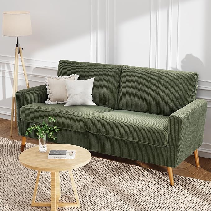 WEUP 68" Loveseat Sofa Green Corduroy Couch, Mid Century Modern Love Seat Couches for Living Room, Small Loveseat for Bedroom Office, Comfy Sofa with Spring Cushion, Solid Wood, Tool-Free Assembly