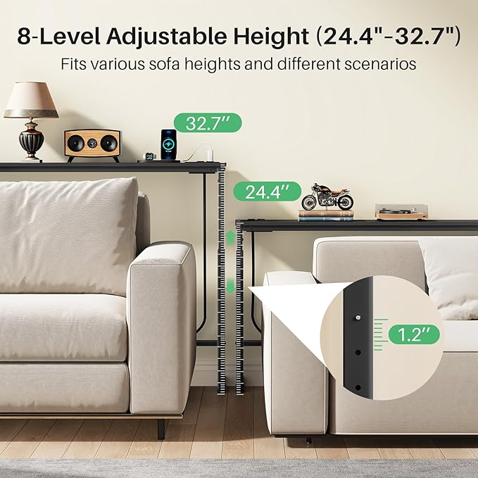 Kitstorack 2-Pack Black Console Table, 7.9" Deep Panel, Adjustable Height (25"-33") & with 2 Power Outlets, Behind Sofa Couch Table, Use Together or Separately - 79" L