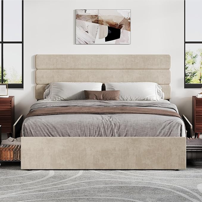 WLIVE Queen Size Upholstered Bed Frame with 4 Drawers and Velvet Square Tufted Headboard, Sturdy Metal & Wooden Slats Support, No Box Spring Needed, Easy Assembly, Beige