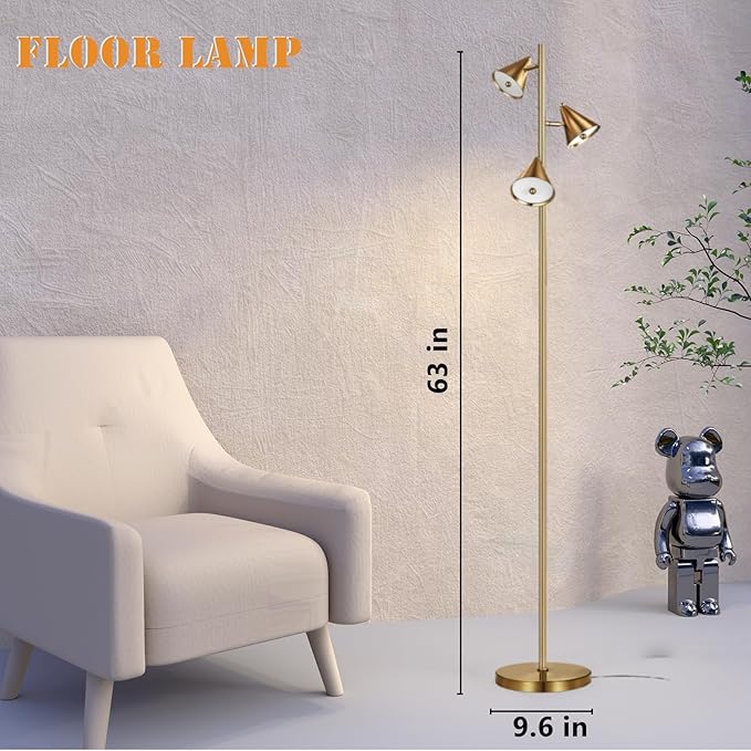 Tree Floor Lamp with Remote, Dimmable 3 Rotatable LED Lights, 5 Color Temperatures, 63" Modern Standing Lamp for Living Room, Bedroom, Office Reading Light (Bronze)