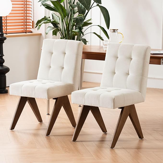 Rowill Modern Upholstered Dining Chairs Parsons Chair Linen Fabric Kitchen Chairs Tufted Armless Dining Room Chairs with Wood Legs Set of 4, Beige