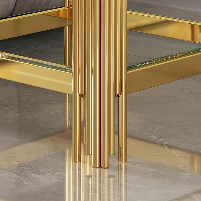 Goujxcy Modern Glass End Table - Gold Sofa Side Table With Clear Top and Mirror Finish Stainless Steel Legs, Luxury Square Coffee Bedside Table for Living Room Bedroom (Gold)