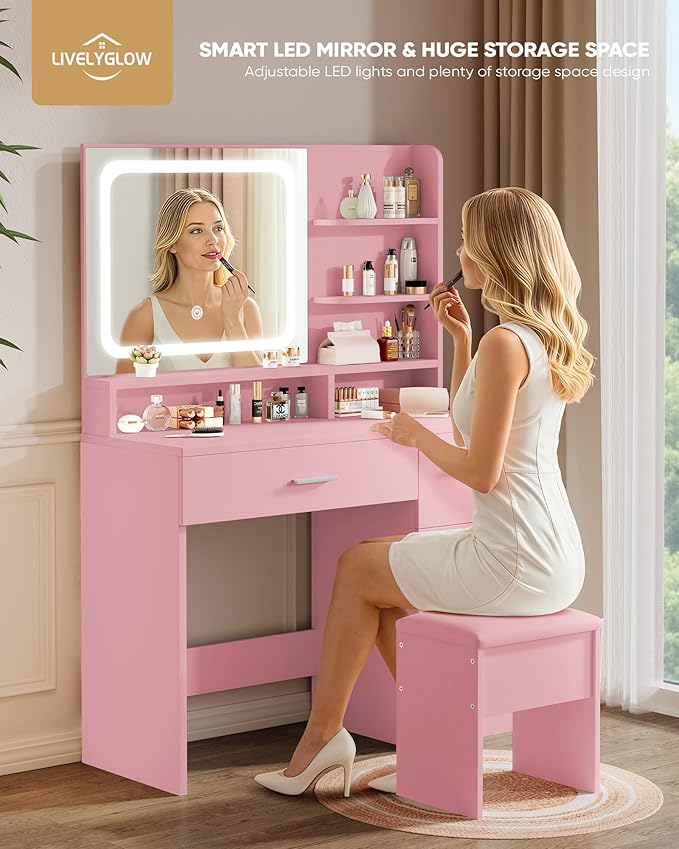 Makeup Vanity Desk Set, 35.4" Wx15.7”Dx53.9“H, Pink (Smart LED Mirror, with Cushion Stool, Hairdryer Rack, Power-Outlet, 4 Drawers, Open Shelves)