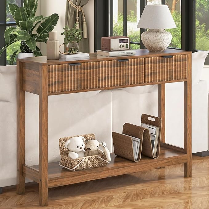 Fluted Console Table, Wooden Sofa Table with Storage and Drawers, Farmhouse Behind Couch Table Entryway Table for Entrance, Hallway, Living Room, Brown