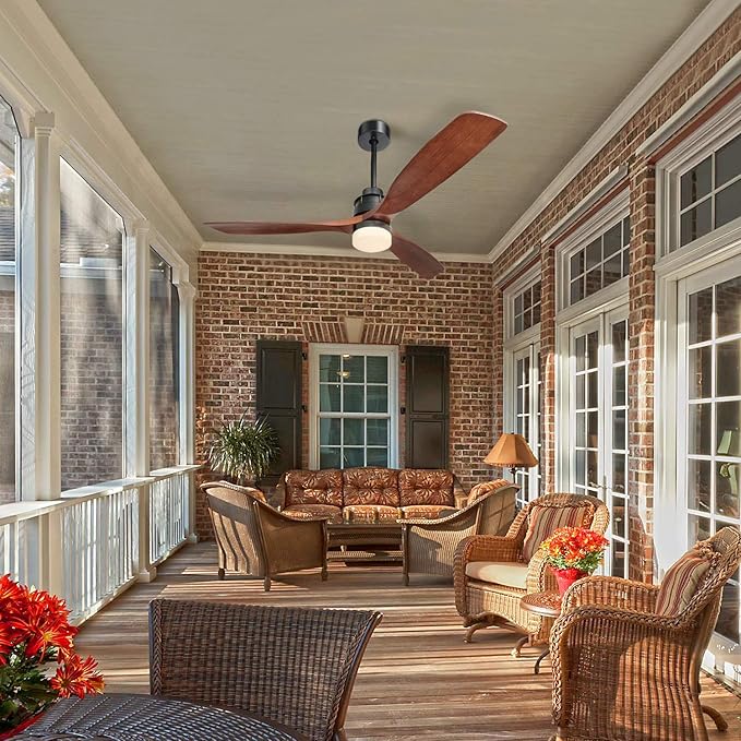 Sofucor 60 inch Ceiling Fan with Lights and Remote, Modern Large LED Ceiling Fan with 3 Walnut Blades and 3 Black Downrods, for Indoor Living Room Bedroom Outdoor Patio Porch, Reversible DC Motor