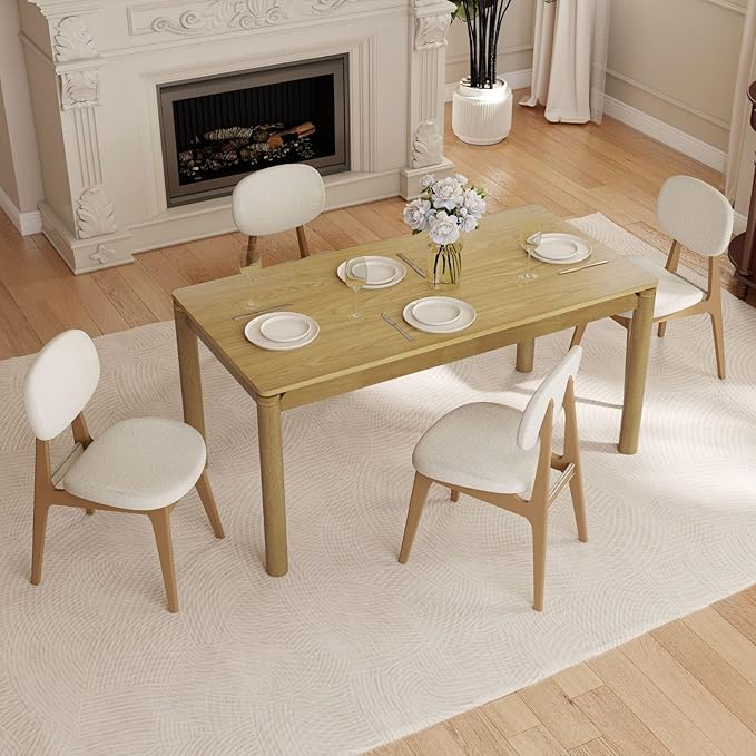 63" Dining Table for 4-6 People, Modern Farmhouse Rectangular Kitchen Table with Solid Wood Legs & Gold Trim, Large Long Dining Room Table for Living Room, Natural (Table Only)