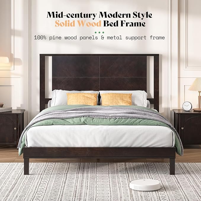 AMERLIFE Solid Wood Queen Size Bed Frame with Headboard, Rustic Style Platform Bed Frame with Under-Bed Storage, No Box Spring Needed, Noise Free, Easy Assembly, Dark Brown