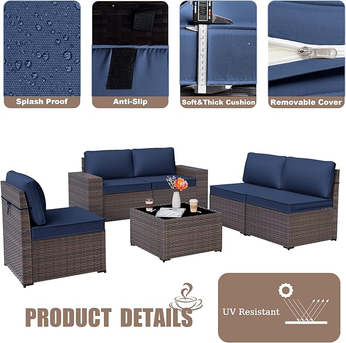 Kurapika 9 Pieces Patio Furniture Set, Rattan Sofa Set, Outdoor Conversation Sets w/Swivel Rocking Chairs Patio Sectional Sofa w/4in Cushion, Navy Blue