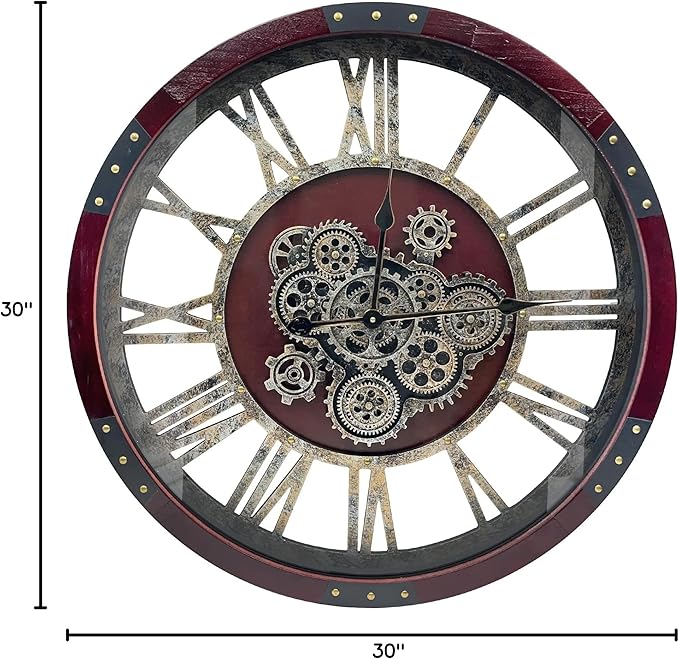 DORBOKER 30" Original Moving Gears Wall Clock, Large Industrial Wall Clock for Living Room Decor, Retro Wood Vintage Farmhouse Steampunk Rustic Clocks for Wall Decor,Cherry Red