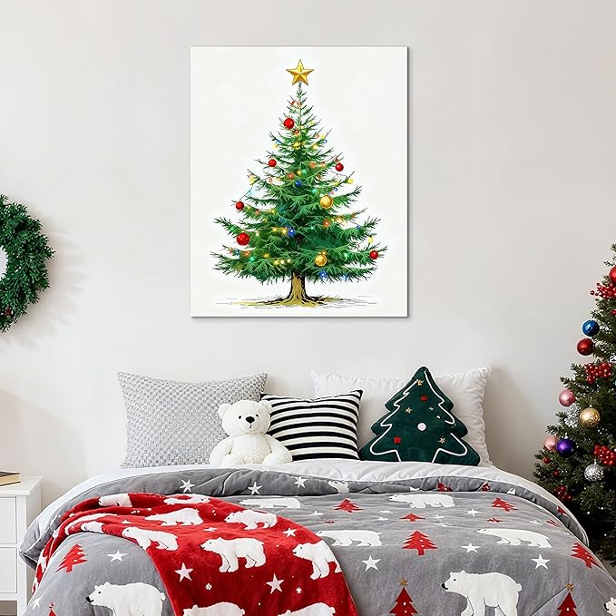 Framed Christmas Pictures Wall Decor,Vintage Pine Tree Prints,Winter Christmas Canvas Wall Art Decoration for Bedroom Bathroom Living Room Rustic Xmas Holiday Gifts (Christmas Tree 7, 16'' X 20'')