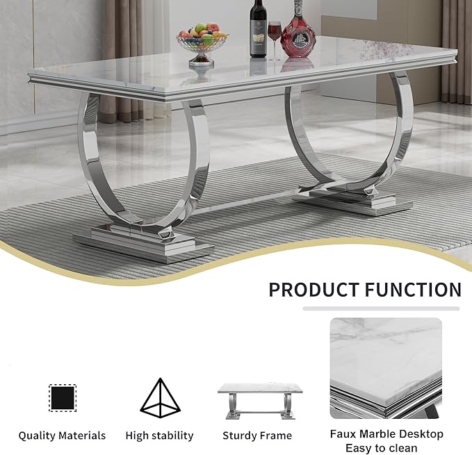 Goujxcy 5 Piece Marble Dining Table Set for 4, Luxury 70" White Marble Silver Kitchen Table with 4 Beige Velvet Upholstered Chairs, Modern 4 Person Dining Room Table Set for Kicken Dining Office Room