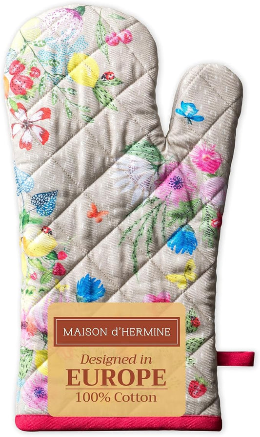 Maison d' Hermine Oven Gloves 100% Cotton Oven Mitt 7" x 13" with Loop Heat Resistant, BBQ, Cooking Gloves, Baking, Grilling, Kitchen, Handling Hot Pans Spring/Summer (Pack of 1, Jardin D'Ete - Fog)