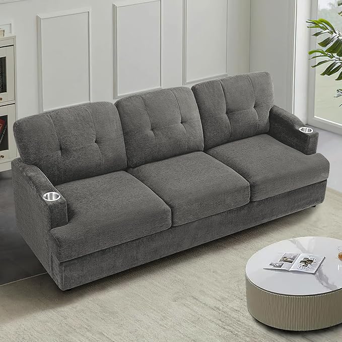 89" Chenille Modern Sofa with Cup Holder, Tufted Upholstered Couch with Thickened Cushions, Comfy 3 Seater Sofa with Deeper Seat for Living Room, Apartment, Grey