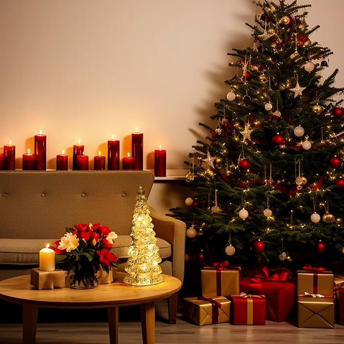 Christmas Tree Glass Decorative LED Light: 13.5" Tall, Battery Operated Holiday Tabletop Ornament, Frosted Glass Christmas Home Decor, Xmas Tree Night Light for Indoor Decor White