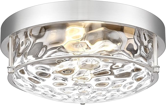 12" Flush Mount Ceiling Light, Brushed Nickel Finish, Hammered Glass Shade, Modern Farmhouse Style for Bedroom, Living Room, Dining – CKCL4822-2W-HGBN