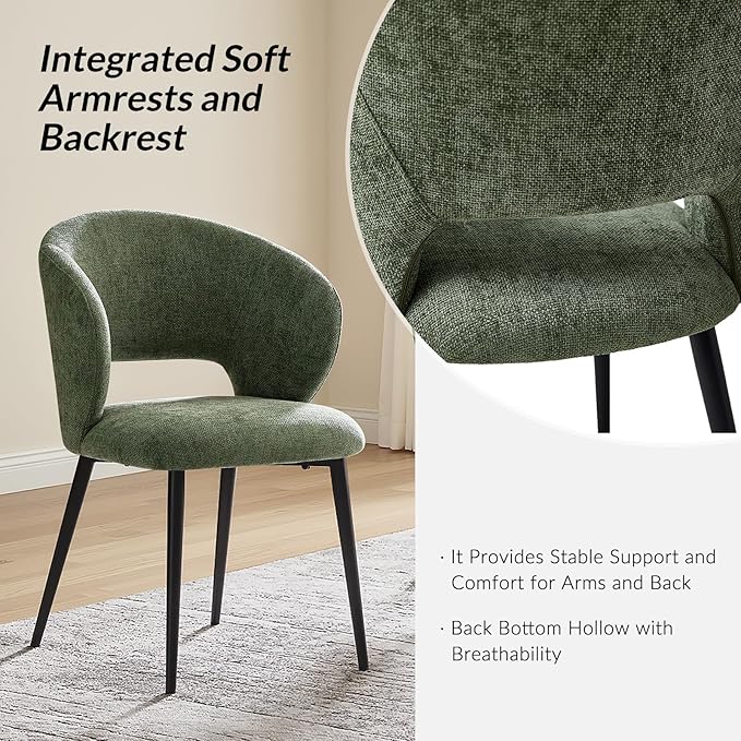 Contemporary Dining Chairs with Armrests – Ergonomic Soft-Padded Seat, Curved Backrest, Matte Black Metal Legs, Comfortable Kitchen & Dining Room Chairs, Set of 4