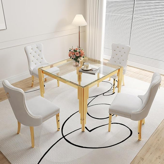5 Piece Glass Dining Table Set, 35" Square Glass Kitchen Table with 4 White Velvet Upholstered Chairs, Gold Dining Table for 4 with Chairs Set for Kitchen, Living Room