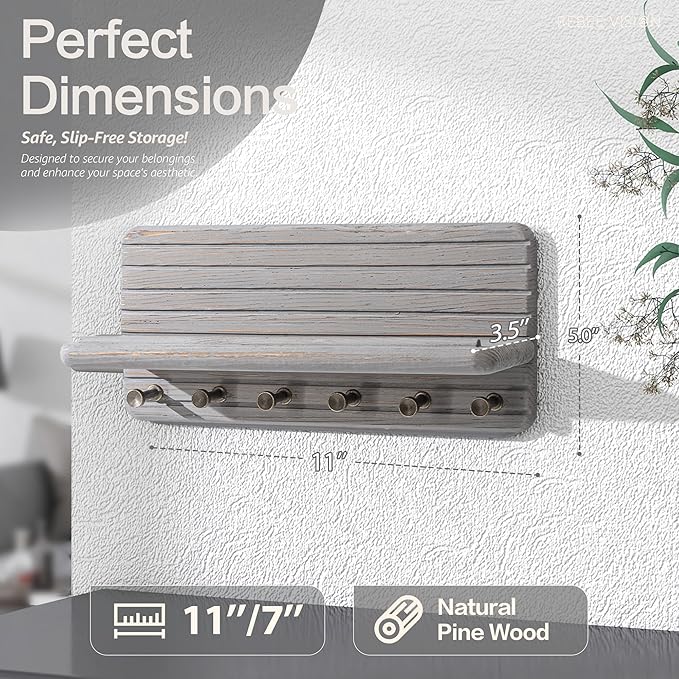 Rebee Vision Pine Wood Key Holder Wall Mount for Room Decor Aesthetic – Wooden Key Holder for Wall with 6 Hooks & Floating Shelf - Farmhouse Home Organization Accent (Distressed Gray)