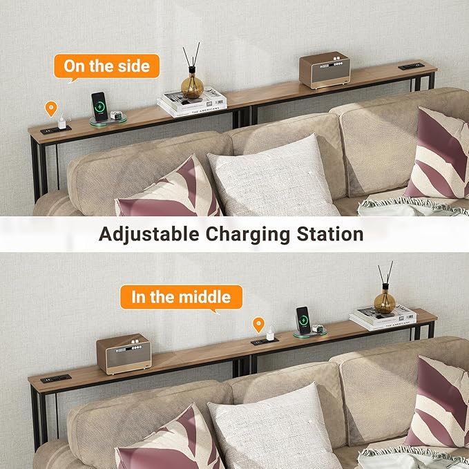 ELYKEN 5.9" Narrow Console Sofa Table with Power Outlets, Total 39.4” Long Behind Couch Table with Charge Station and 6.5’ Extension Cord for Living Room, 5.9" D x 39.4”W x 29.5”H, White Oak