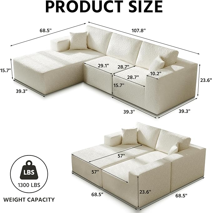 108" Cloud Modular Sectional Couch with L-Shape Chaise, Modern Sectional Sofa with Deep Seat Couch, Ultra Soft Knit Fabric Couches for Living Room, No Assembly Required, Left Facing Chaise (Beige)