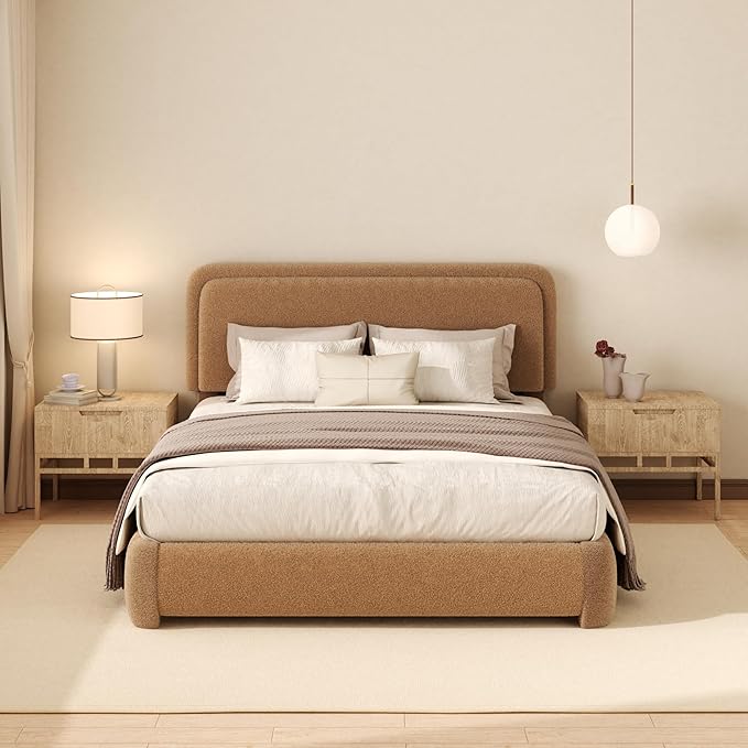 Queen Boucle Platform Bed Frame with Height Adjustable Headboard, Modern Upholstered Cloud Bed, Sleek Curved Design, No Box Spring Needed, Easy Assembly, Noise Free, Camel