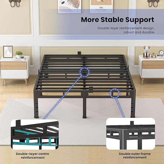 NKZ 18 Inch Full Size Bed Frame, Metal Bed Frame & Box Spring 2 in 1 Platform with Round Corner Legs, 4000Lbs Heavy Duty Metal Frame, Mattress Slide Stopper, Headboard Hole, Noise-Free, Easy Assembly