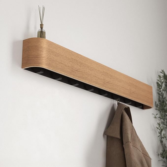 Kazai. Wall-Mounted Coat Rack 'Toke' - Modern Design Coat Rack with Hidden Wall Hooks - Solid Wood Veneer Panel Coat Hanger - Oak