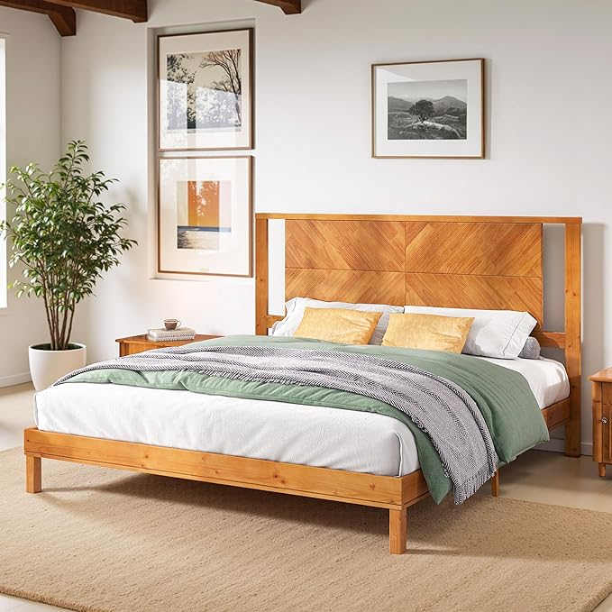 AMERLIFE Solid Wood Queen Size Bed Frame with Headboard, Rustic Style Platform Bed Frame with Under-Bed Storage, No Box Spring Needed, Noise Free, Easy Assembly, Light Brown